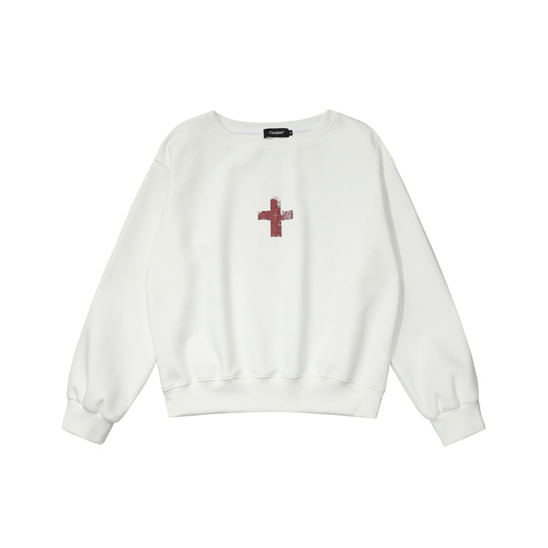 Retro Off-Shoulder Sweatshirt for Women,Cross Print, Long Sleeve, Loose Fit, Slimming, Trendy Brand Top