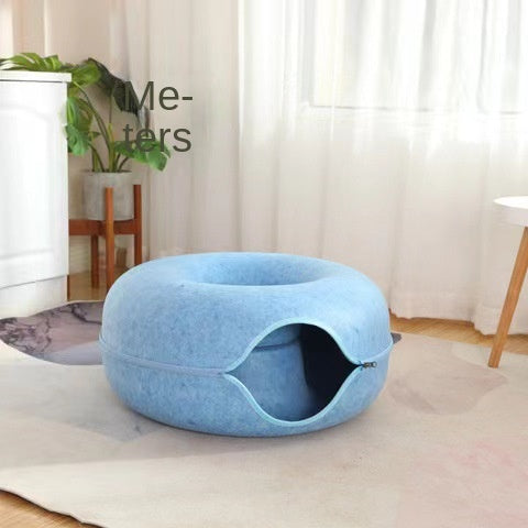 Felt Donut Cat Bed with Zipper Cat Tunnel and Cat Toy Double-Layer Pet Bed for Cats