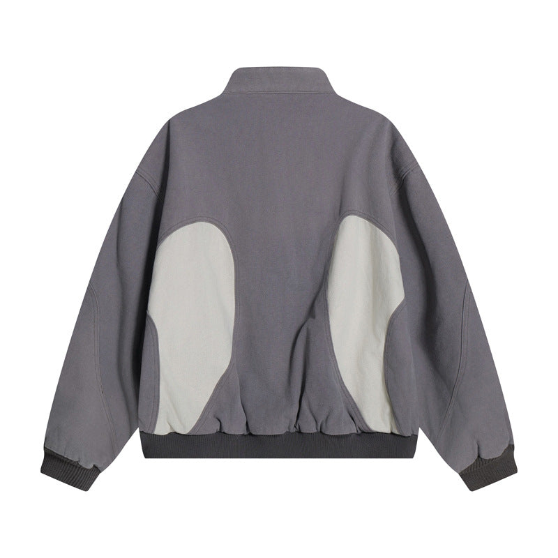 Vintage Patchwork Color-Blocked Stand Collar Jacket Unisex  Loose Casual Coat Couple Sporty Outerwear