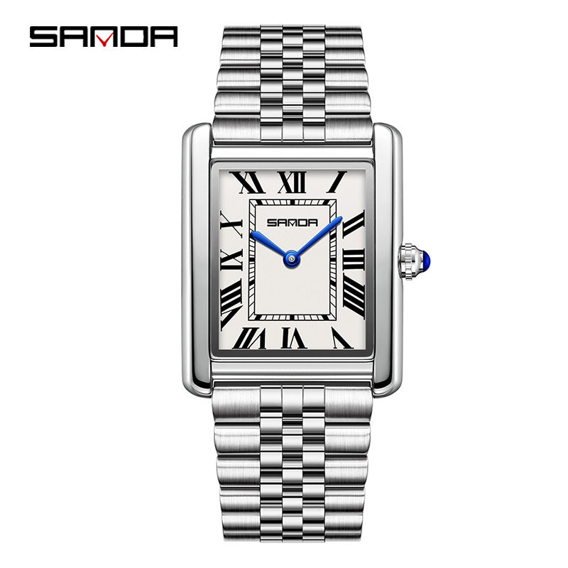 SANDA Fashion Square Roman Numerals Couple Quartz Watch Waterproof Wristwatch for Men and Women