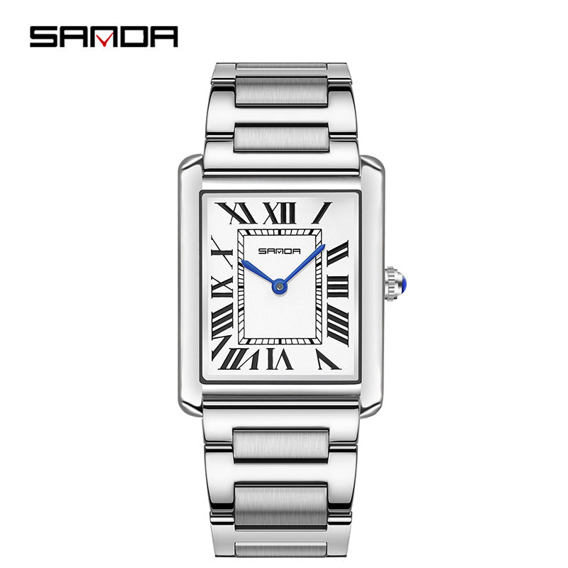 SANDA Fashion Square Roman Numerals Couple Quartz Watch Waterproof Wristwatch for Men and Women