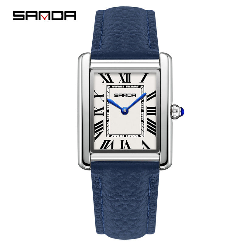 SANDA Fashion Square Roman Numerals Couple Quartz Watch Waterproof Wristwatch for Men and Women