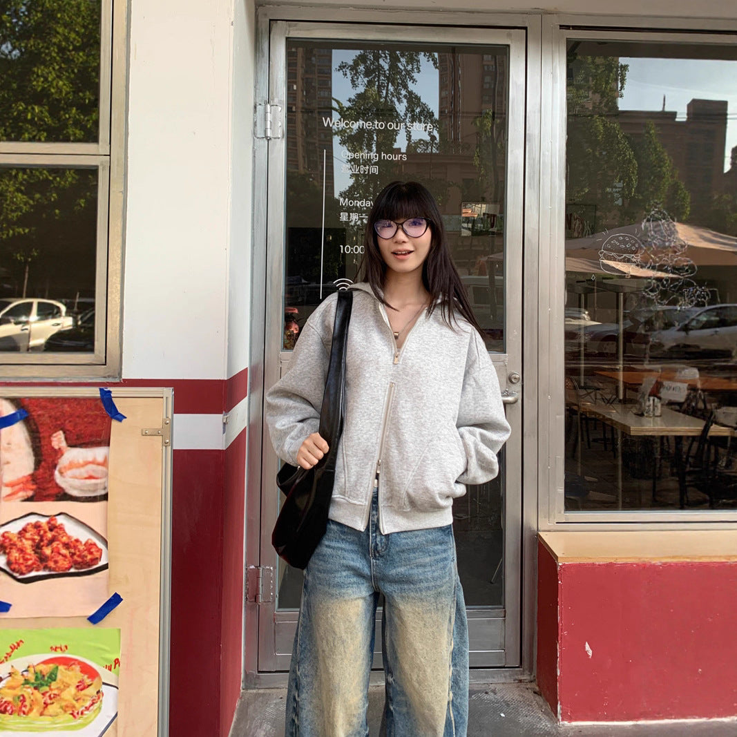 Retro Minimalist Solid Color Double-Zip Hoodie for Men and Women, National Trend Brand Cleanfit Short Style Couple Jacket