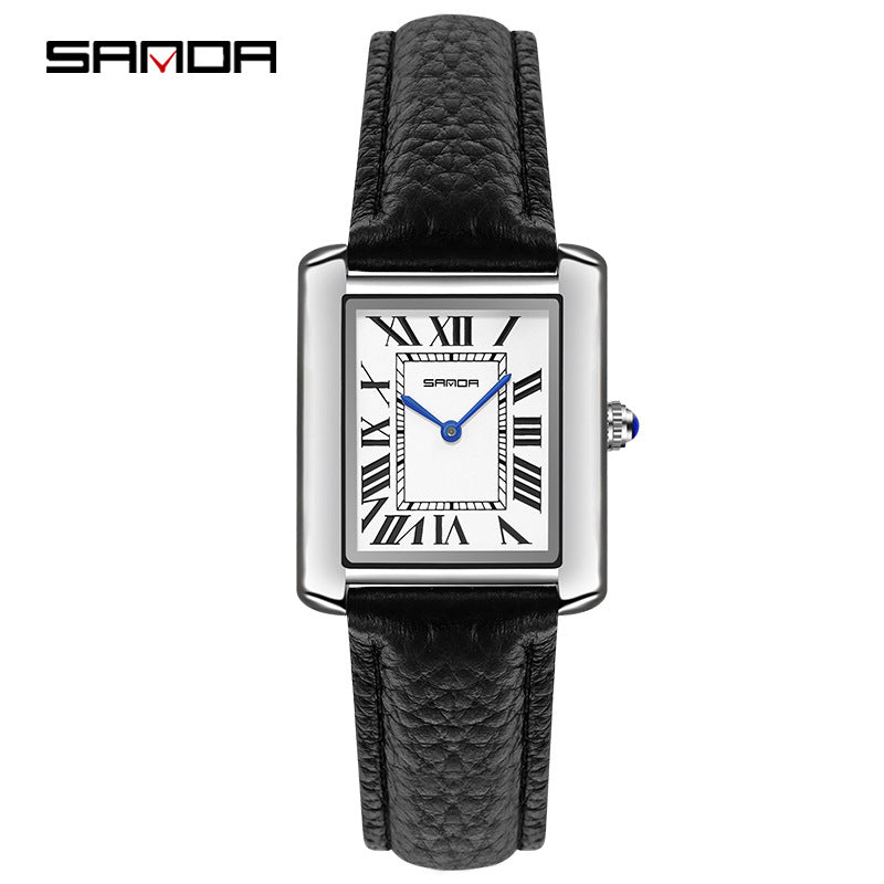 SANDA Fashion Square Roman Numerals Couple Quartz Watch Waterproof Wristwatch for Men and Women