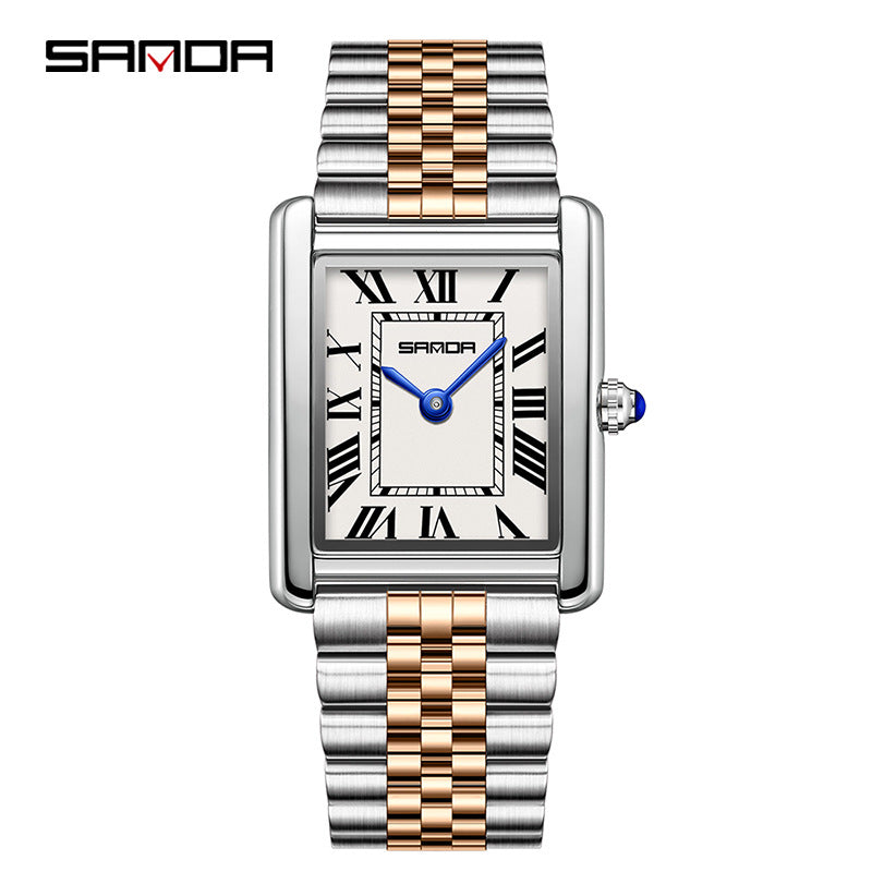 SANDA Fashion Square Roman Numerals Couple Quartz Watch Waterproof Wristwatch for Men and Women