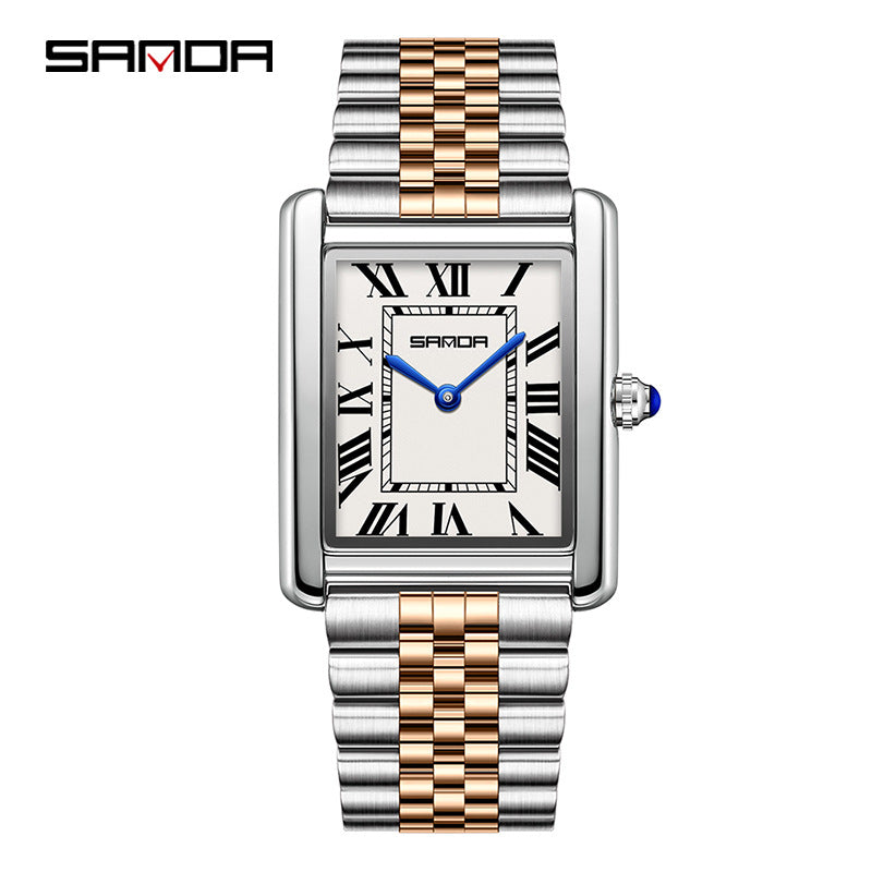 SANDA Fashion Square Roman Numerals Couple Quartz Watch Waterproof Wristwatch for Men and Women