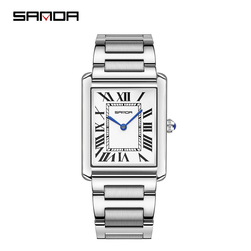 SANDA Fashion Square Roman Numerals Couple Quartz Watch Waterproof Wristwatch for Men and Women