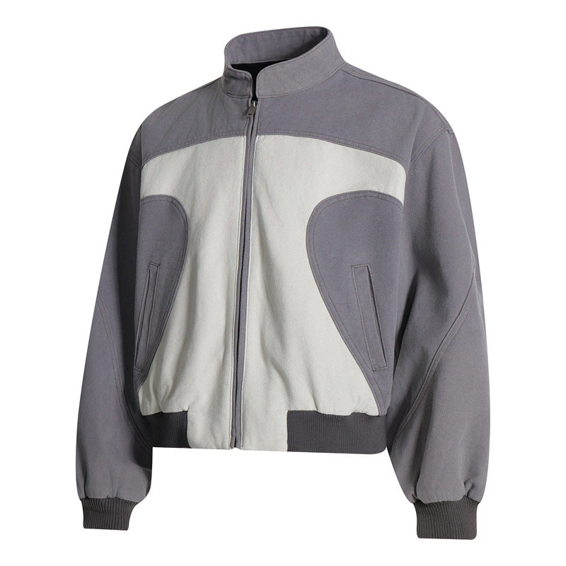 Vintage Patchwork Color-Blocked Stand Collar Jacket Unisex  Loose Casual Coat Couple Sporty Outerwear