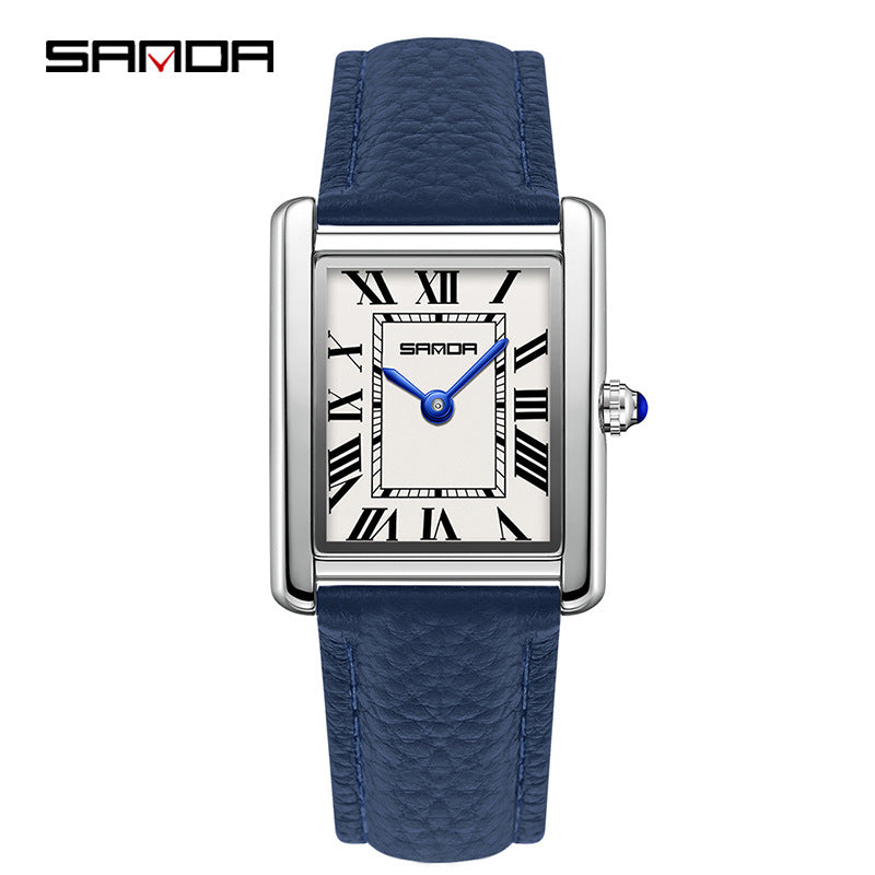 SANDA Fashion Square Roman Numerals Couple Quartz Watch Waterproof Wristwatch for Men and Women