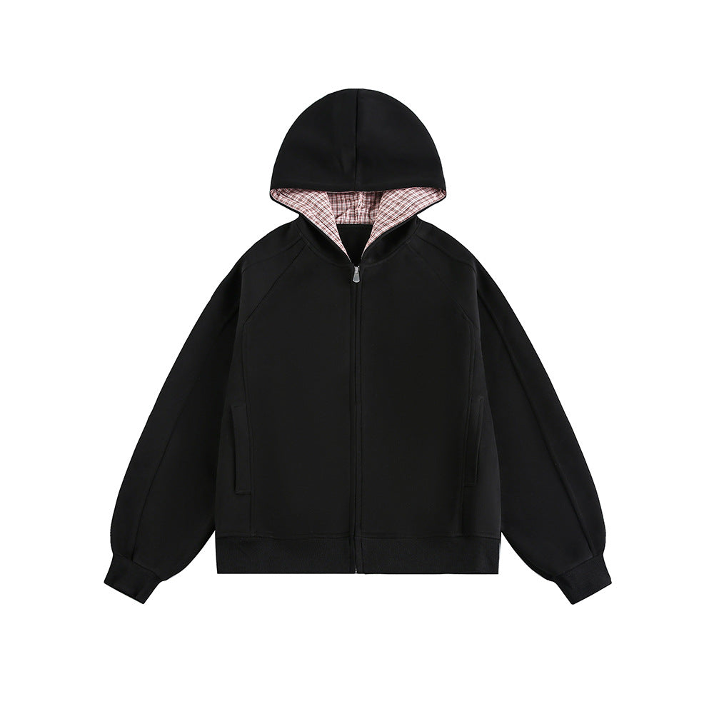 Casual Deconstructed Patchwork Checkered Hooded Loose Fit Cardigan Sweatshirt