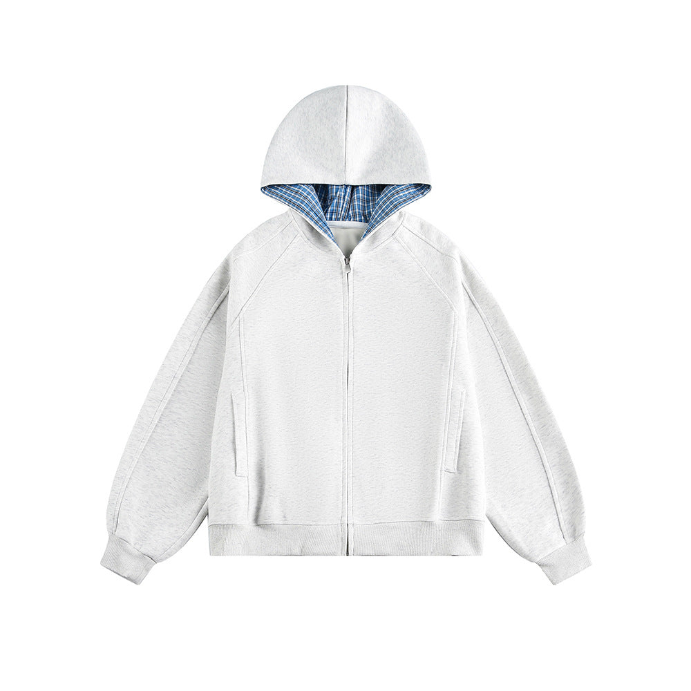 Casual Deconstructed Patchwork Checkered Hooded Loose Fit Cardigan Sweatshirt