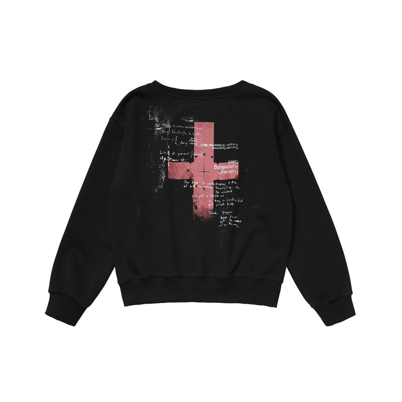 Retro Off-Shoulder Sweatshirt for Women,Cross Print, Long Sleeve, Loose Fit, Slimming, Trendy Brand Top