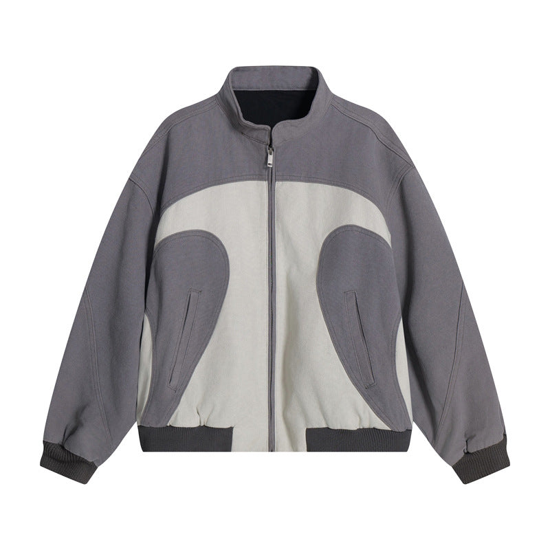 Vintage Patchwork Color-Blocked Stand Collar Jacket Unisex  Loose Casual Coat Couple Sporty Outerwear