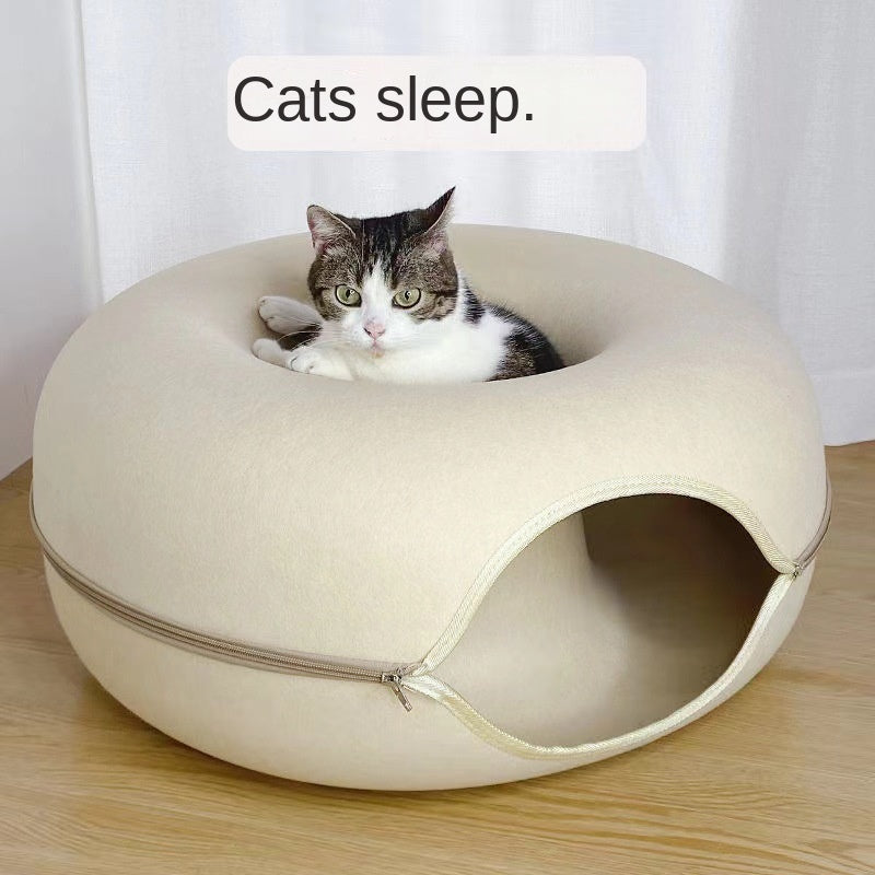 Felt Donut Cat Bed with Zipper Cat Tunnel and Cat Toy Double-Layer Pet Bed for Cats