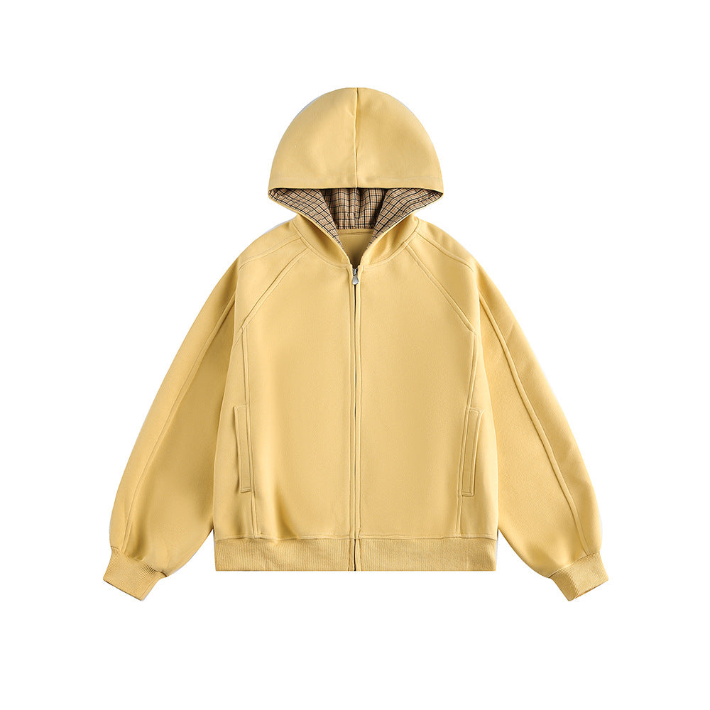 Casual Deconstructed Patchwork Checkered Hooded Loose Fit Cardigan Sweatshirt