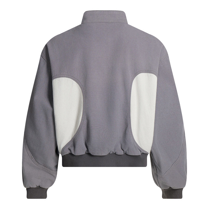 Vintage Patchwork Color-Blocked Stand Collar Jacket Unisex  Loose Casual Coat Couple Sporty Outerwear