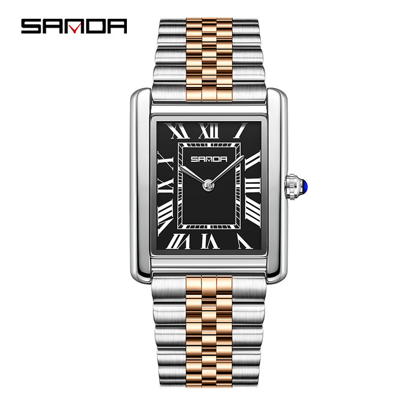 SANDA Fashion Square Roman Numerals Couple Quartz Watch Waterproof Wristwatch for Men and Women