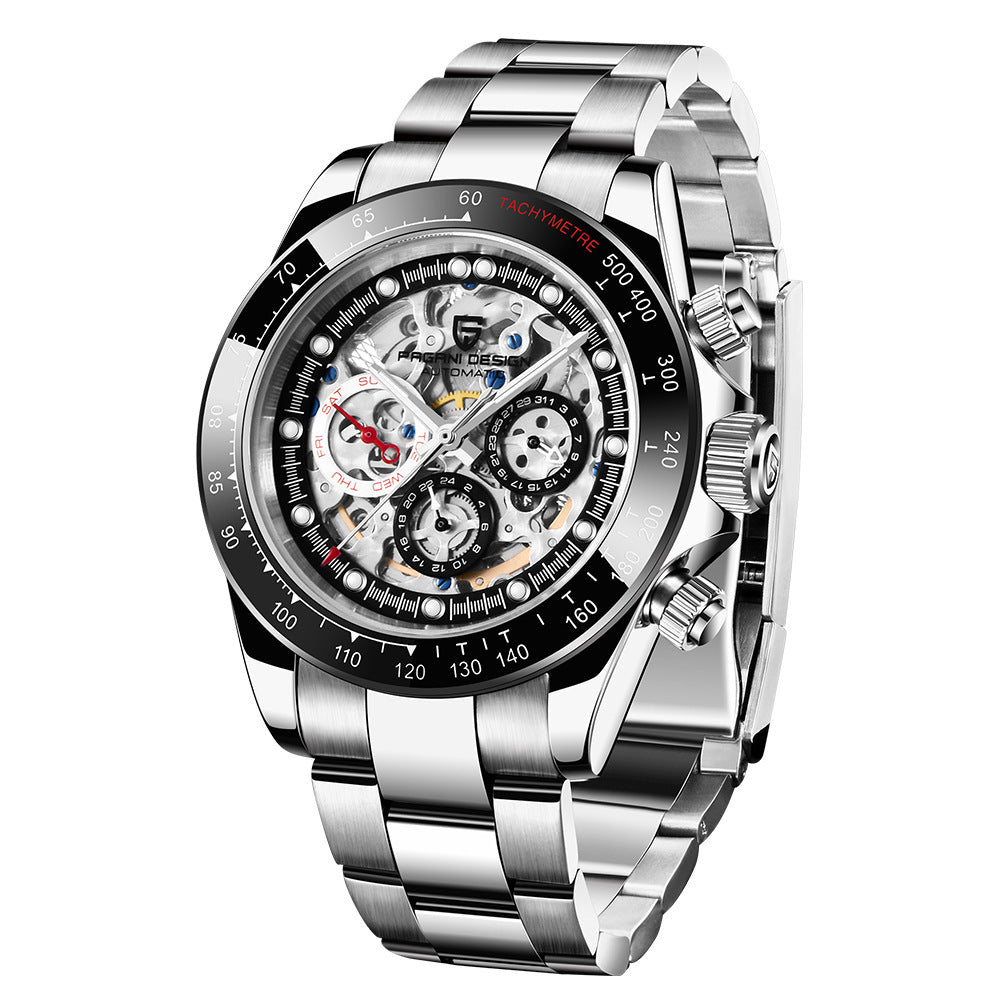 Paganidesign Men's Multifunction Automatic Mechanical Watch with Open Movement and Stainless Steel Case 1653
